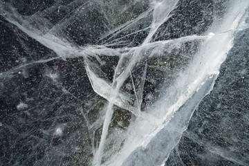 Cracks and air bubbles in the ice of the lake.