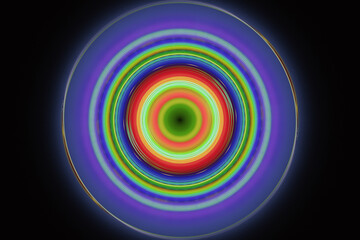 Multicolored iridescent round pattern of crooked waves on a black background. Abstract fractal 3D rendering