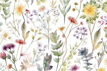 Un motif harmonieux à l'aquarelle avec des fleurs sauvages éthérées, des feuilles. Plantes sauvages, fleurs, branches. fond floral nature