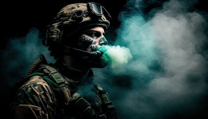 Soldier close-up face with mask and military equipment with green and white smoke in background. Fictional person created with generative AI