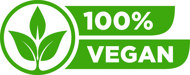 100 percent Vegan Friendly creative badge, 100% vegan label,  food products labeling stamp with non-meat composition - isolated vector emblem