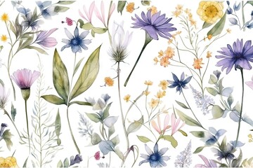 Un motif harmonieux &agrave; l'aquarelle avec des fleurs sauvages &eacute;th&eacute;r&eacute;es, des feuilles. Plantes sauvages, fleurs, branches. fond floral nature