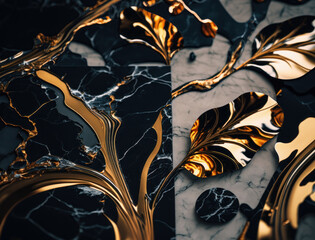 Dark black and gold Marble stone texture background material with elements of semi-precious stones and gold created with Generative AI technology.