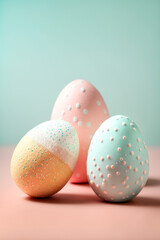 Minimalist composition from three decorated Easter eggs in pastel colors on pink blue background. Soft morning light. Holiday banner card template with copy space. AI generated