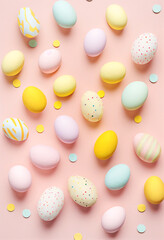 Pattern from colorful decorated Easter eggs on pink background. Pastel colors. Holiday banner template. AI generated