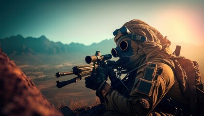 Soldier with a gun elite soldier in combat realistic. Fictional person created with generative AI