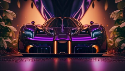 Lusury futuristic neon synthwave retrowave outrun racing fast purple car background wallpaper created with generative AI technology - obrazy, fototapety, plakaty