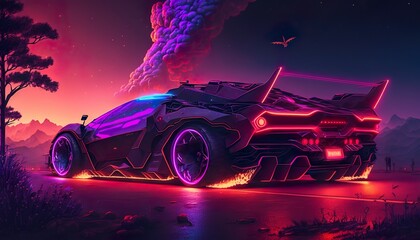 Obraz na płótnie Canvas Lusury futuristic volcano fire neon synthwave retrowave outrun racing fast purple car background wallpaper created with generative AI technology