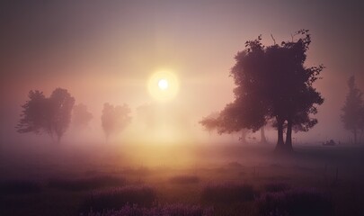 Naklejka na ściany i meble a foggy field with trees and grass in the foreground and the sun in the distance in the distance, with the sun shining through the fog. generative ai