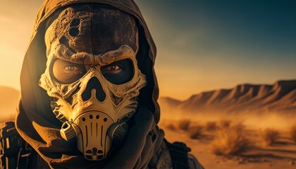 Soldier close-up face with skull mask and military equipment with city in background. Fictional person created with generative AI