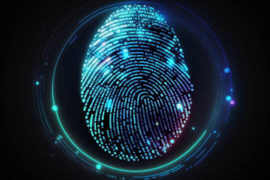A concept of biometric identification and cybersecurity portrayed by a glowing neon fingerprint on a dark background. Ai