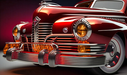 A shiny and polished retro car with chrome accents on the bumpers and grille