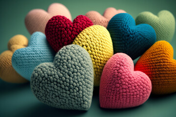 Hearts made of colorful knitted wool. AI