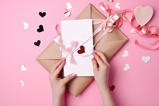 Photo vue de dessus d'une personne tenant une enveloppe avec une lettre sur un ruban de soie et des boules de coeurs sur fond rose avec espace de copie.