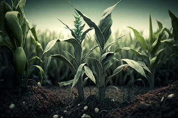 A field where corn plants are growing. AI
