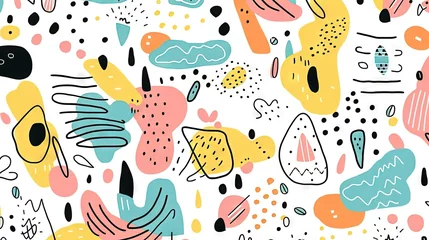 Poster Un doodle de ligne coloré amusant minimaliste avec un motif sans couture. Toile de fond de gribouillis enfantin simple. Idéal pour le papier peint de la chambre des enfants. © Merilno