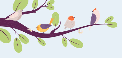 Flat birds on tree branch, bird and worm. Spring blooming, cute cartoon insects. Decorative nature banner, vector seasonal graphic