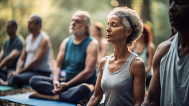 Diverse Group of Seniors Practicing Yoga Outdoors, AI Generative