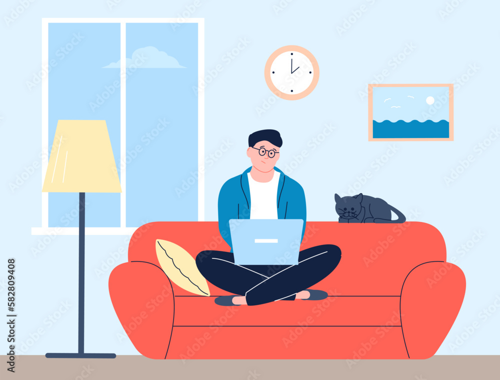 Poster man work at home with laptop, sitting on sofa in room with cat. freelance concept, programmer or dev