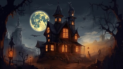 Fototapeta na wymiar Un paysage d'halloween avec une maison effrayante et une ambiance effrayante.
