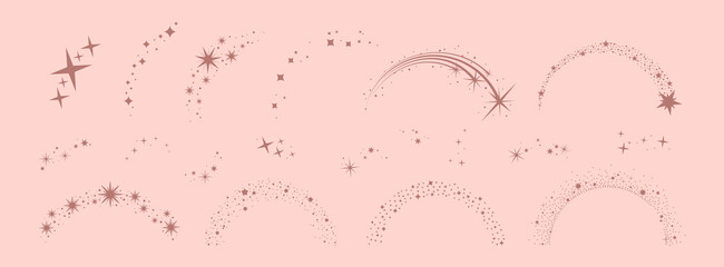 Stars arch, star compositions graphic art. Shiny elements, starry and dots silhouettes. Comets and abstract constellations, retro celestial vector set