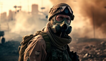 Soldier close-up face with mask and military equipment with daylight city in background. Fictional person created with generative AI