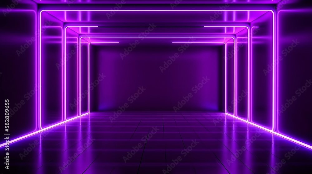 Poster background of empty room with spotlights and lights, abstract purple background with neon glow gener