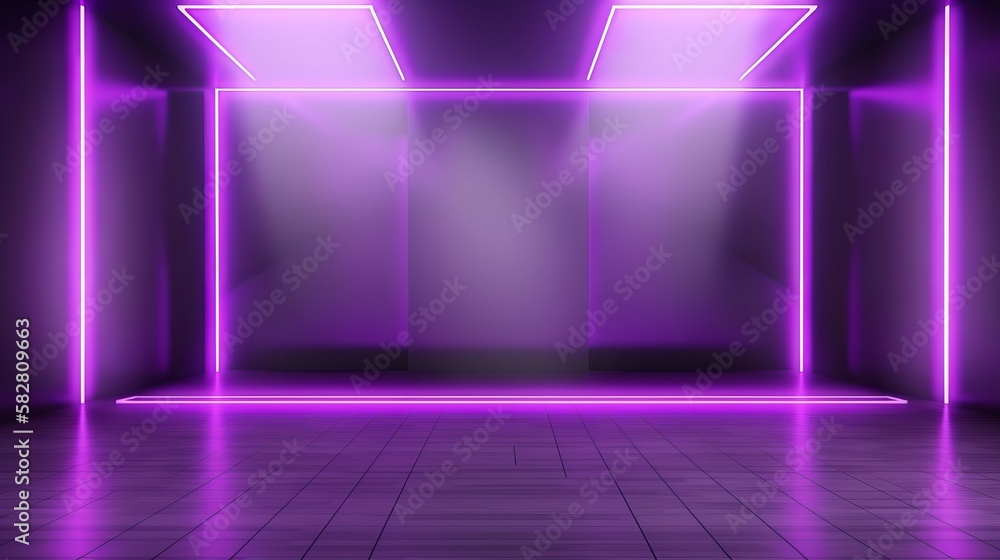 Poster background of empty room with spotlights and lights, abstract purple background with neon glow gener