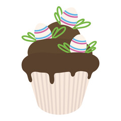 Easter cupcake decorated with eggs. Illustration of an Easter chocolate cupcake.