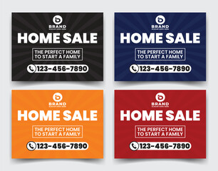 Home sale business real estate company ads, yard sign, signage design template for outdoor advertising multiple color version black, blue, red, orange vector