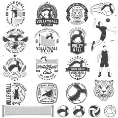 Set of Volleyball club badge, logo design. Vector illustration. For college league sport club, summer camp emblem, sign, logo. Vintage monochrome label, sticker, patch with volleyball ball, player and
