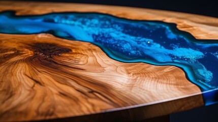 Closeup of texture of handmade wooden river table with decorative epoxy blue resin. Generative AI