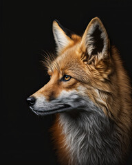 Fototapeta premium Generated portrait of a fox with bright yellow eyes on a contrasting black background 