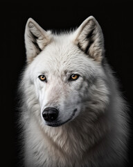 Generated portrait of a white wolf with bright yellow eyes on a contrasting black background 