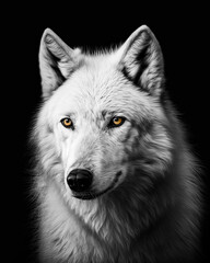 Generated portrait of a white wolf with bright yellow eyes on a contrasting black background in black and white format