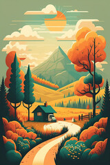 Summer landscape illustration with house, trees and hills, matte background, matte painting, wallpaper, 2d game art generated ai