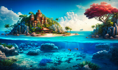 Crystal-clear ocean with vibrant coral reefs and exotic marine life