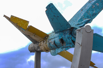 The wreckage of the tail of the aircraft, short-range fighter MiG-21, on a pedestal. from the impact of 14 July. Russian rocket 