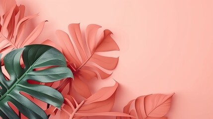 Philodendron tropical leaves on coral color background minimal summer Generative AI