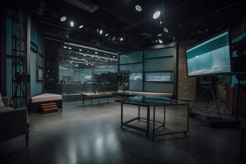 Fototapeta na wymiar Tv studio set with cameras, desks and screens