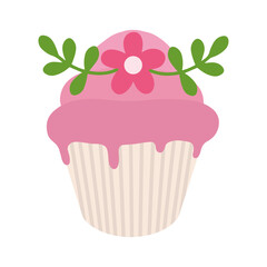 Easter cupcake decorated with a flower. Illustration of an Easter pink cupcake. Cute pink cupcake.