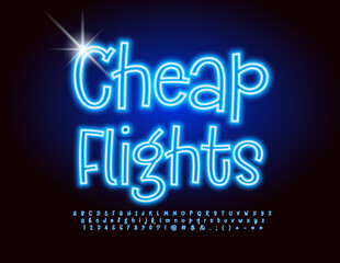 Vector promo advertisement Cheap Flights with Blue Neon Alphabet Letters, Numbers and Symbols set. Electric artistic Font