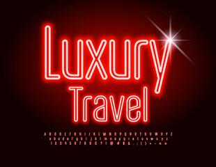 Vector neon emblem Luxury Travel with red glowing Alphabet Letters and Numbers. Bright Electric Font