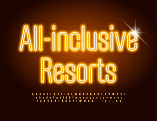 Vector electric signboard All-inclusive Resort with Yellow light Font. Led set of Neon Alphabet Letters, Numbers and Symbols