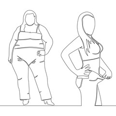 Continuous line drawing Loose Weight Woman Before And After Diet icon vector illustration concept