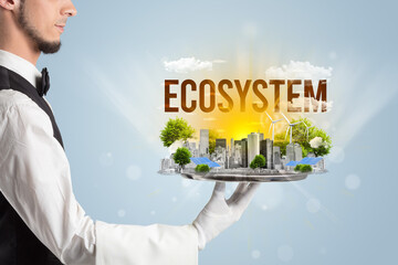 Waiter serving eco cityscape concept