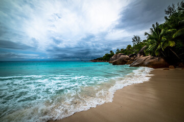 Dramatic sky over world famous Anse Lazio