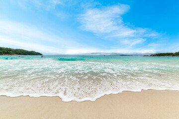 Fototapeta na wymiar Turquoise water and white sand in Anse Lazio beach in Praslin island