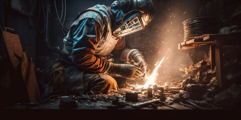 A worker in metallurgy is welding in their workshop. AI