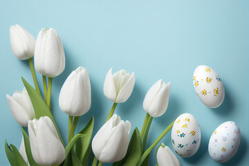Fototapeta na wymiar White flowers tulips and easter eggs on a blue background, ai generated. Banner, copy space. 